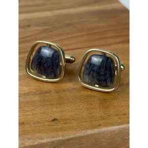 Hickok Cufflinks Blue Gray Gold Vintage MCM Marbled Stone Old Money Toggle